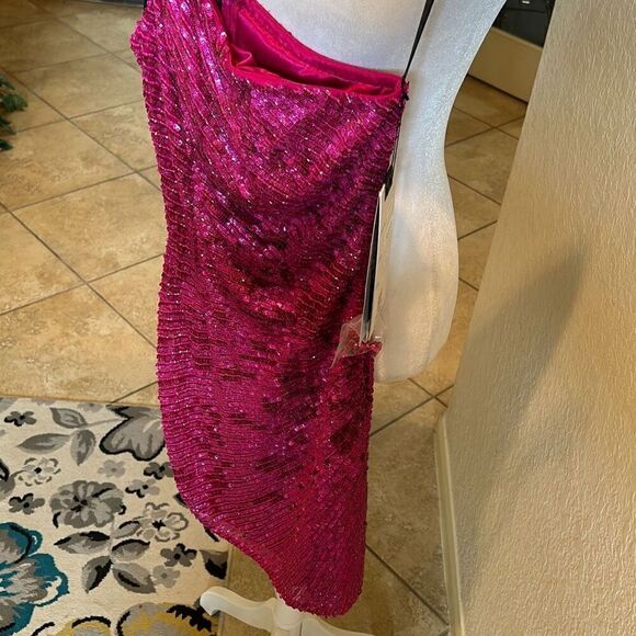 Primavera Couture Women's 0 One Shoulder Pink Sequin Mini Dress Barbiecore New - Picture 6 of 13